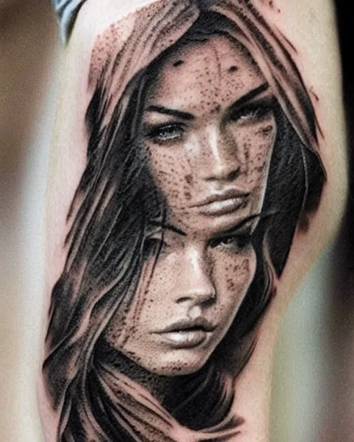 Image similar to double exposure effect tattoo sketch of megan fox faded with a beautiful mountain scenery, realism tattoo, in the style of matteo pasqualin, amazing detail, sharp