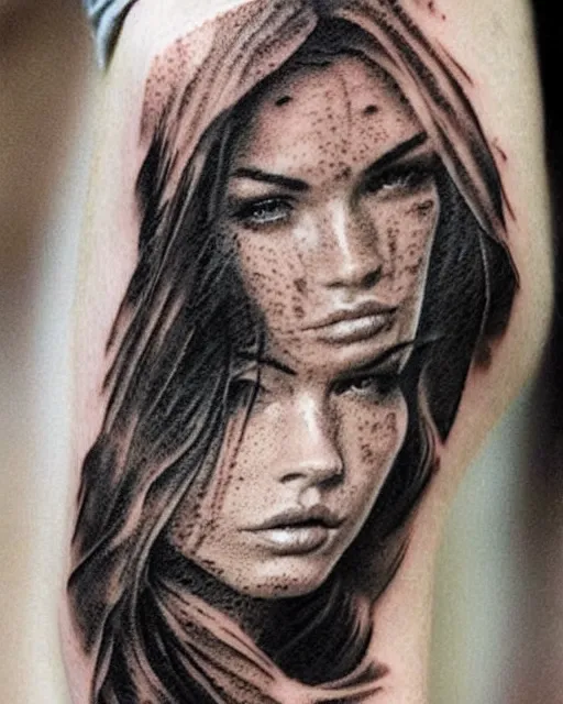 Prompt: double exposure effect tattoo sketch of megan fox faded with a beautiful mountain scenery, realism tattoo, in the style of matteo pasqualin, amazing detail, sharp