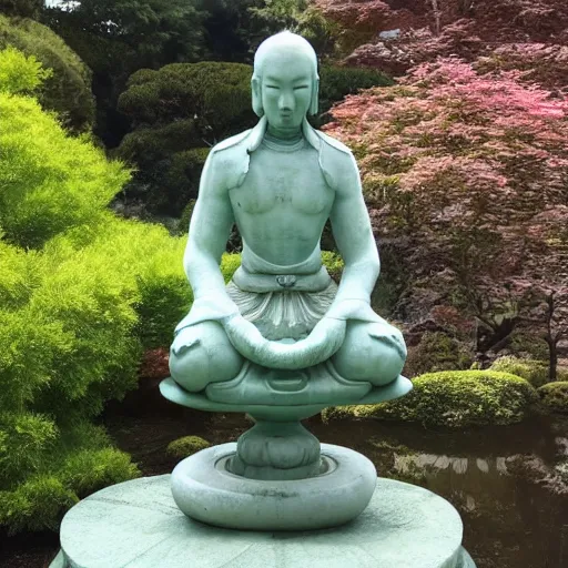 Image similar to marble statue of zenyatta meditating in a rococo japanese garden