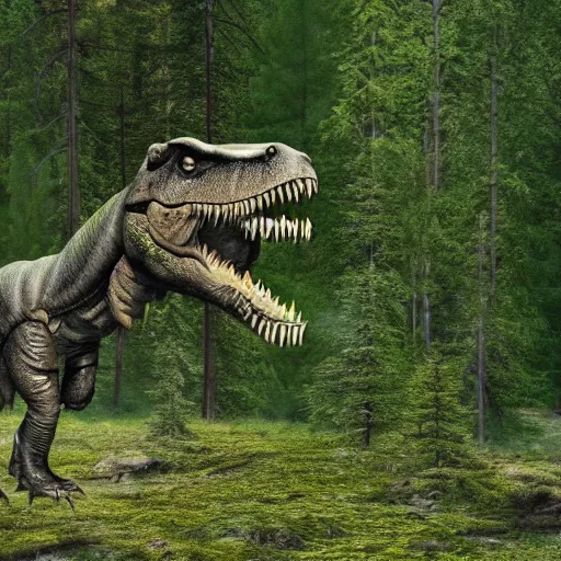 Image similar to a t rex in an canadian forest, 4 k high - resolution photograph, ultra detail, hd photo