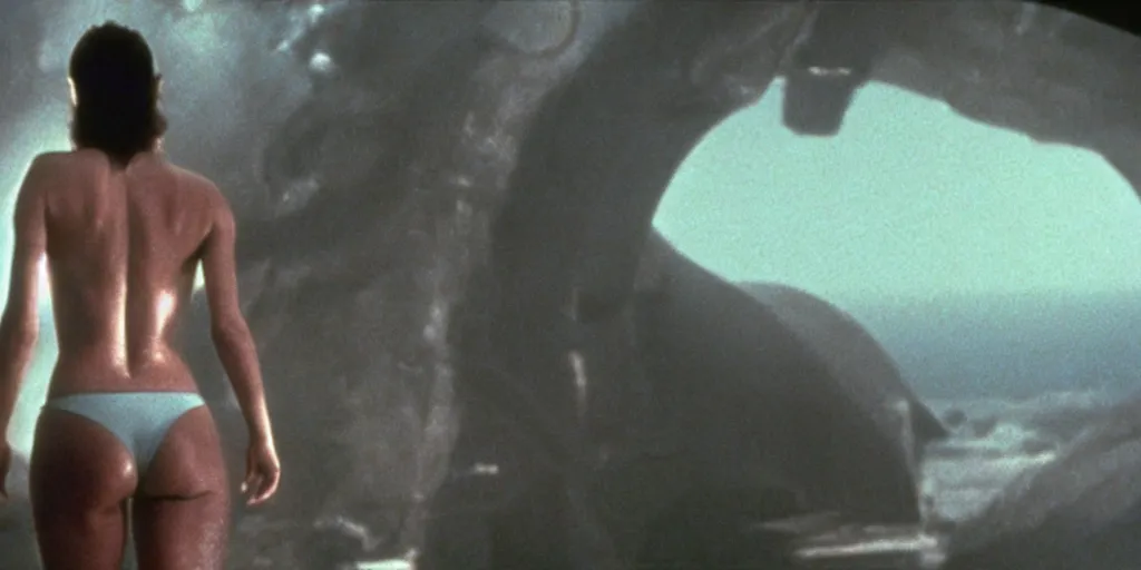 Image similar to color film still, view from behind, a woman in black bikini exploring a spaceship ; alien 2 ( 1 9 8 6 )