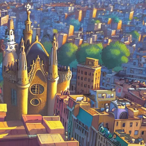 Image similar to a shot of a barcelona as a baroque city in howl's moving castle movie, movie shot, anime, hightly detailed, rescalated 4 k, detailed