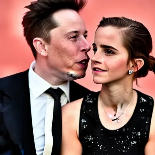 Prompt: emma watson and elon musk on a local newspaper caught kissing