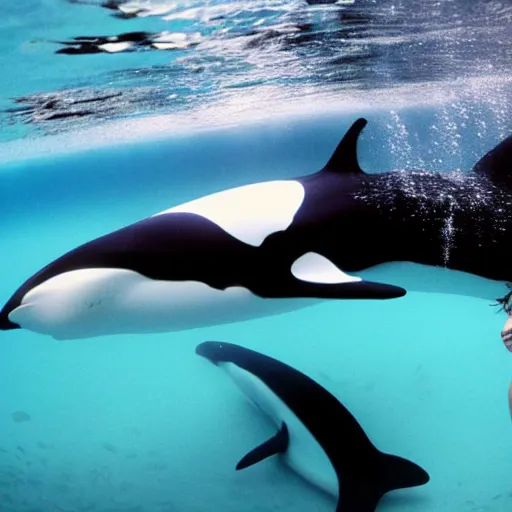 Image similar to gorgeous woman underwater with an orca whale trying to eat her