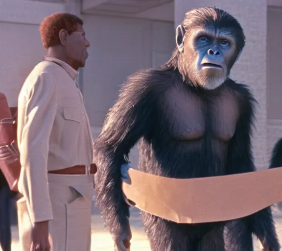 Prompt: color film still from movie planet of apes 1968 staring ape Donald Trump , XF IQ4, 150MP, 50mm, F1.4, ISO 200, 1/160s, natural light