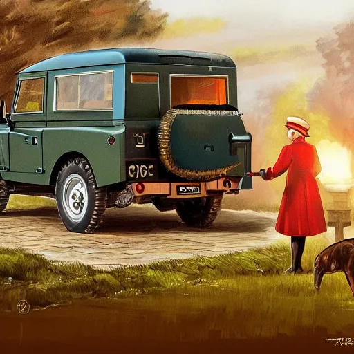 Image similar to Intricate detailed illustration, Queen Elizabeth II laying a golden egg, Land Rover Series II in the background, cinematic lighting, by Philip Hood, wide angle, volumetric light scattering, 8k, artstation, concept art,