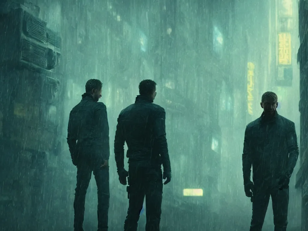 Prompt: vfx film closeup, humanoid robot police squad in blade runner 2 0 4 9 slums, flat color profile, low - key lighting, award winning photography, arri alexa cinematography, hyper real photorealistic cinematic, atmospheric cool colorgrade