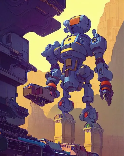 Prompt: bastion the friendly from overwatch, with his pet bird, character portrait, portrait, close up, concept art, intricate details, highly detailed, vintage sci - fi poster, retro future, in the style of chris foss, rodger dean, moebius, michael whelan, katsuhiro otomo, and gustave dore