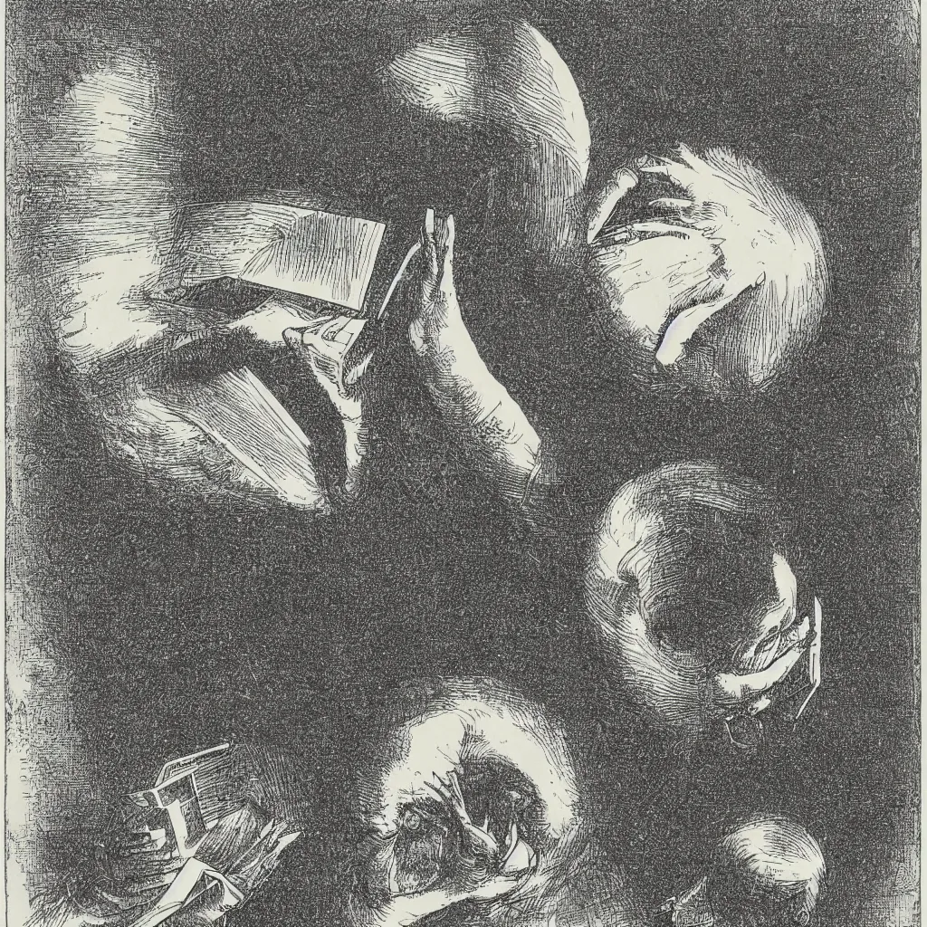 Prompt: An engraving by Max Ernst of a bird's head reading a book in a datacenter and computers loplop, 1929