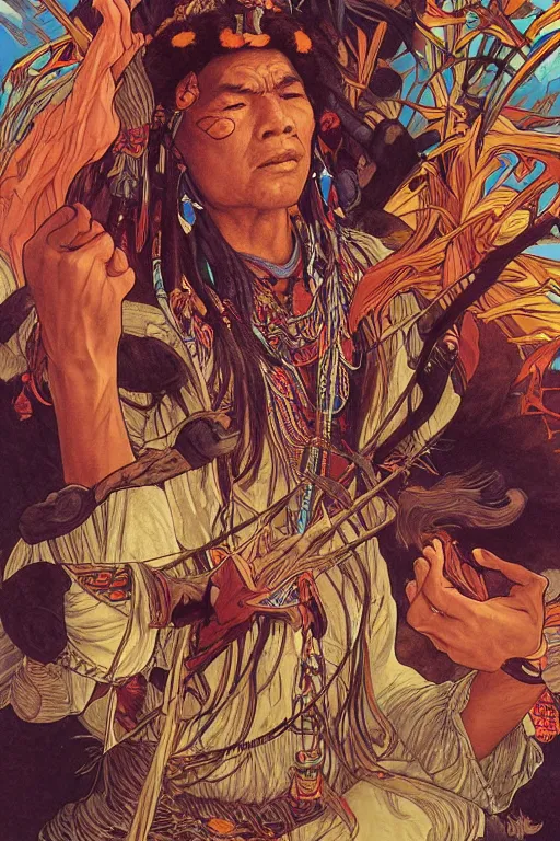 Prompt: serene scene of an apache medicine man telling stories around a fire, by artgerm and yoshitaka amano and moebius and alphonse mucha, hyperdetailed, dc comics, ornate, nebula, explosions in the sky, trending on artstation