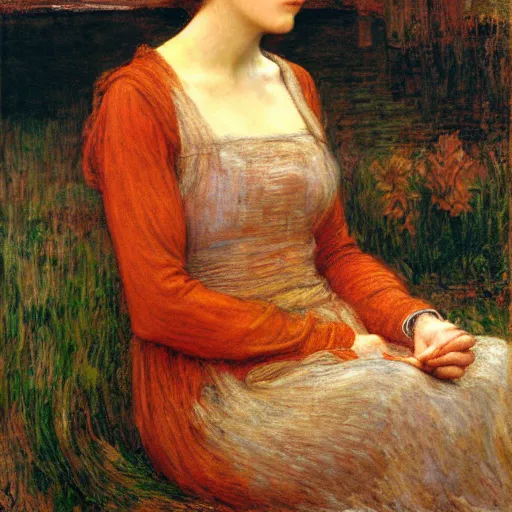 Image similar to lady of shallot by john william waterhouse, rosetti, monet, william holman hunt, 8 k