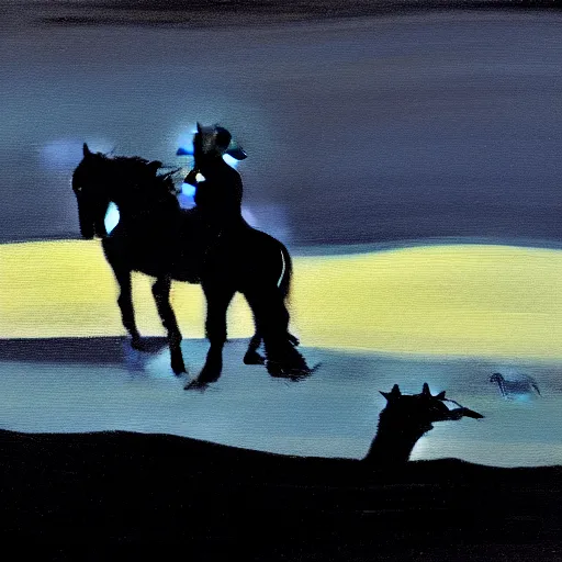 Image similar to a painting of a silhouette of a cowboy riding a horse into the dark horizon, high contrast, black and blue color scheme, dark, creepy, night, far away, in the distance, in the style of Monet