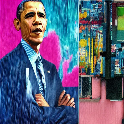 Image similar to barack obama, rain like a dream, oil painting, cyberpunk, basquiat + francis bacon + gustav klimt + beeple, elevated street art, fantasy lut, pink, blue, purple, green,