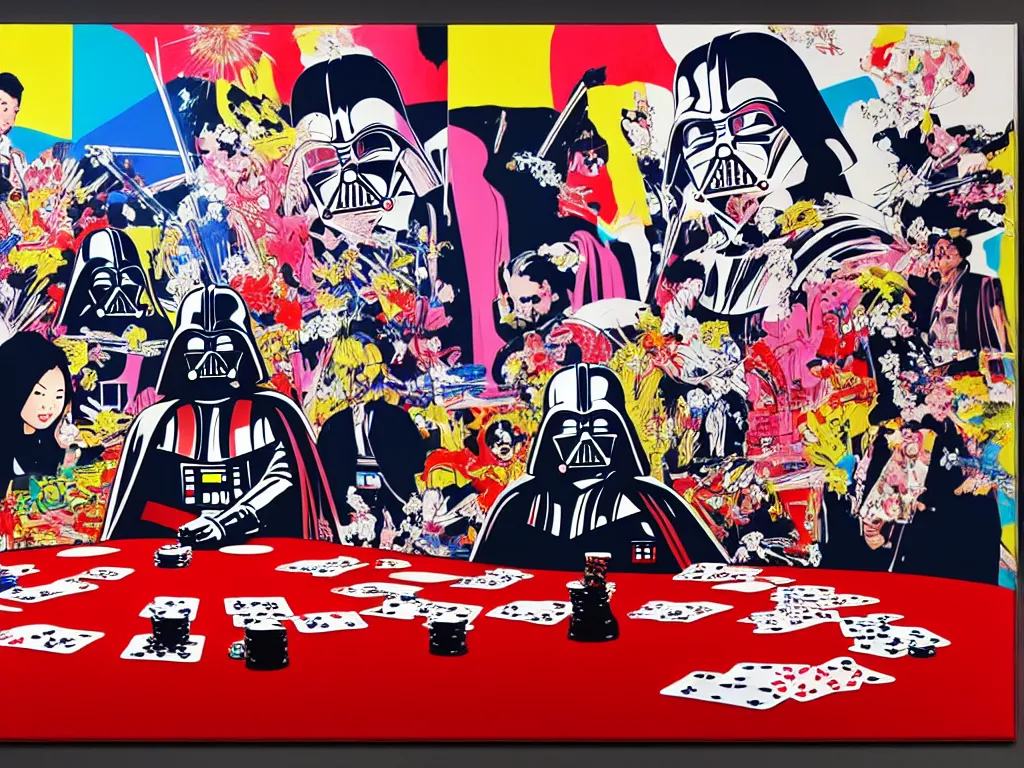 Image similar to hyper - realistic composition of a large room with an extremely detailed poker table in the center, woman in traditional japanese kimono standing nearby, darth vader sitting at the table, fireworks in the background, pop art style, jackie tsai style, andy warhol style, acrylic on canvas, dull palette