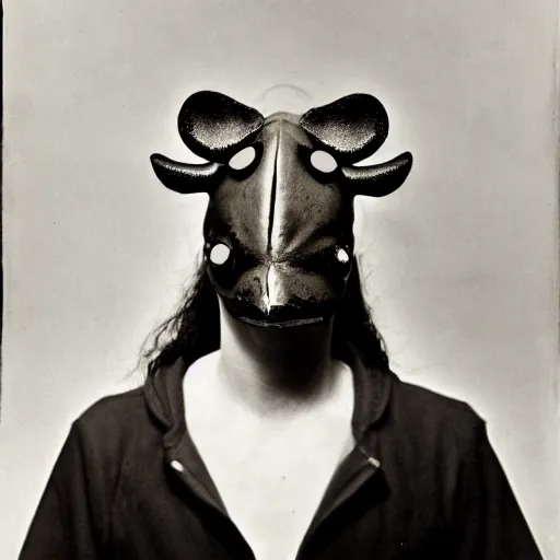 Image similar to photo of ugly brutal animal face mask muscular cultist by Diane Arbus and Louis Daguerre