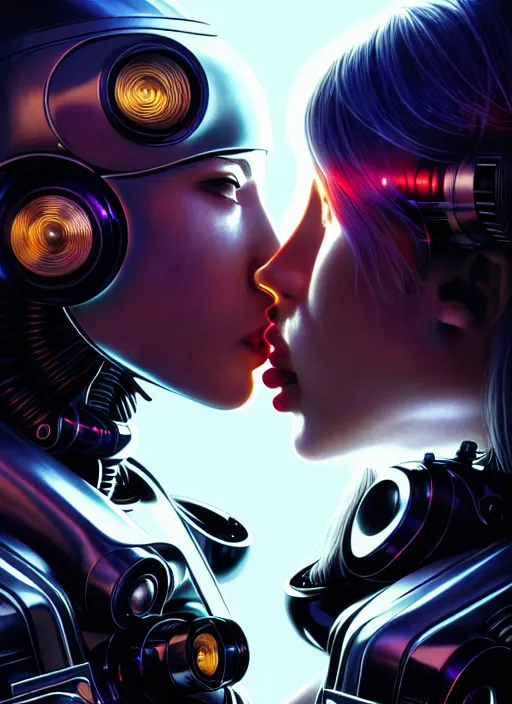 Prompt: ultra realistic medium shot of a couple of cyborgs kissing, epic, lovers, cyberpunk, sci - fi, fantasy, kodak, photorealistic illustration, colour led, soft light, volumetric lighting, night, intricate, highly detailed, digital painting, concept art, smooth, sharp focus, illustration, art by artgerm and greg rutkowski and alphonse mucha