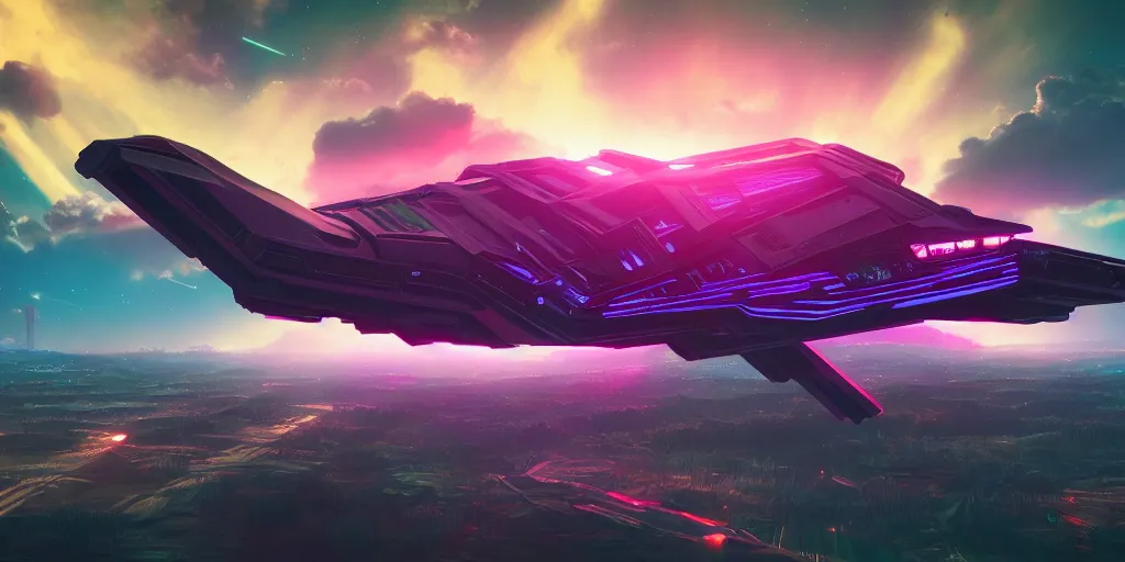 Prompt: synthwave spaceship hovering over fields and small houses, science fiction digital art, award winning, trending on artstation, digital art. highly detailed 8 k. intricate. lifelike.
