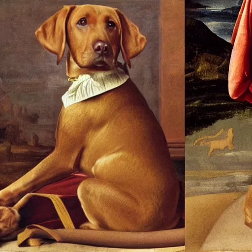 Prompt: a brown labrador dog sitting wearing princess clothes, renaissance painting, high quality, high detail, portait