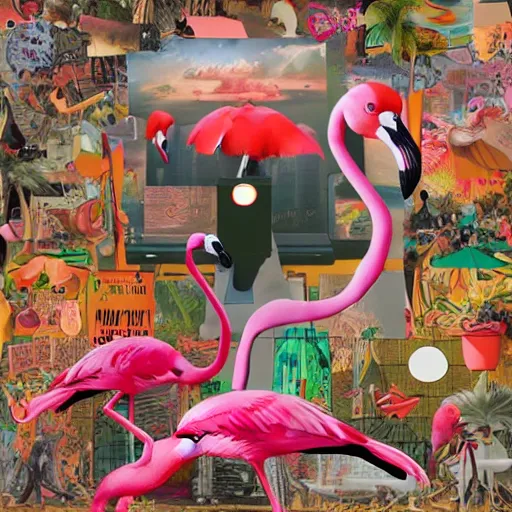 Prompt: the flamingo cafe, internetcore plunderphonic collage album cover, trending on artstation