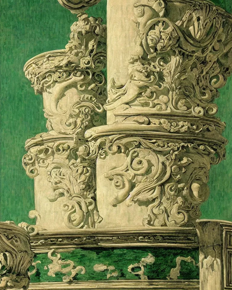 Image similar to achingly beautiful painting of intricate ancient roman corinthian capital on jade background by rene magritte, monet, and turner. giovanni battista piranesi.