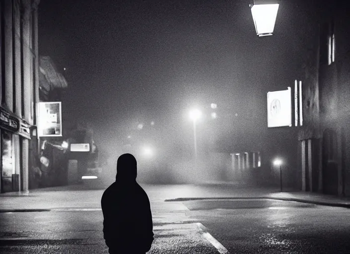 Prompt: boy from the back with a black hoodie, in the sky an illuminated angel stares at him, empty city street at night, heavy rain, cars parked, dramatic lighting, cinematic, establishing shot, extremly high detail, photorealistic, cinematic lighting, post processed