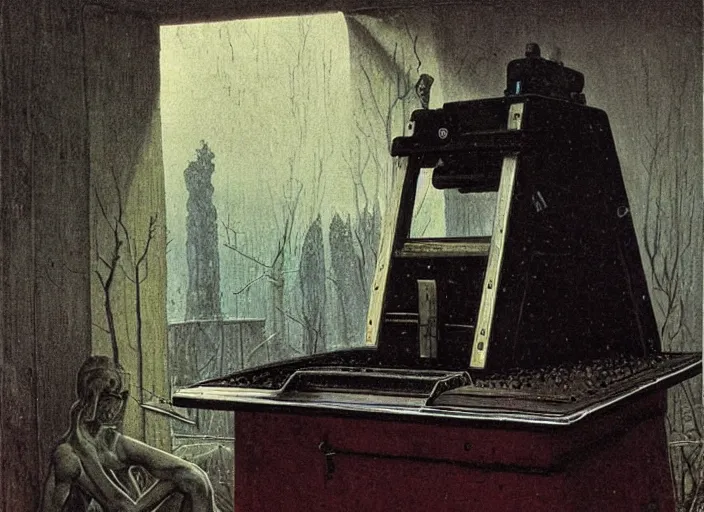 Image similar to strange machine that makes copies of small weird beings by caspar david friedrich