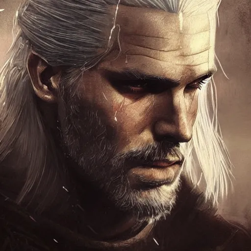 Prompt: geralt of rivia with long beard and intense eyes, scarred, close up, portrait, sinister atmospheric lighting. highly detailed painting by greg rutkowski, anime style
