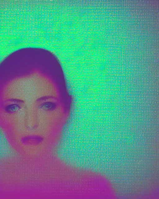 Prompt: simulated woman's face, blank expression, violet and yellow and green lighting, polaroid photo, atmospheric, whimsical and psychedelic, grainy, expired film, super glitched, corrupted file, color stains