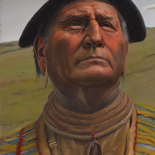 Image similar to painting of chief joseph, in the style of andrew wyeth, award winning, detailed, 4 k, hd