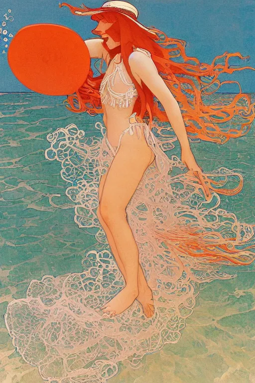 Image similar to A girl in a white lacy bikini and white sun hat and Holding a heart-shaped lifebuoy, jumping for joy,long orange hair floating on air ,Waves and splashes,beach ,Smooth visual lines,graphic Design by mucha