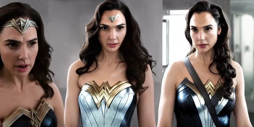 Prompt: ultra wide angle photo of gal gadot dressed in a white blouse and black dress pants as diana prince looking at herself in a bathroom mirror and seeing her reflection as wonder woman