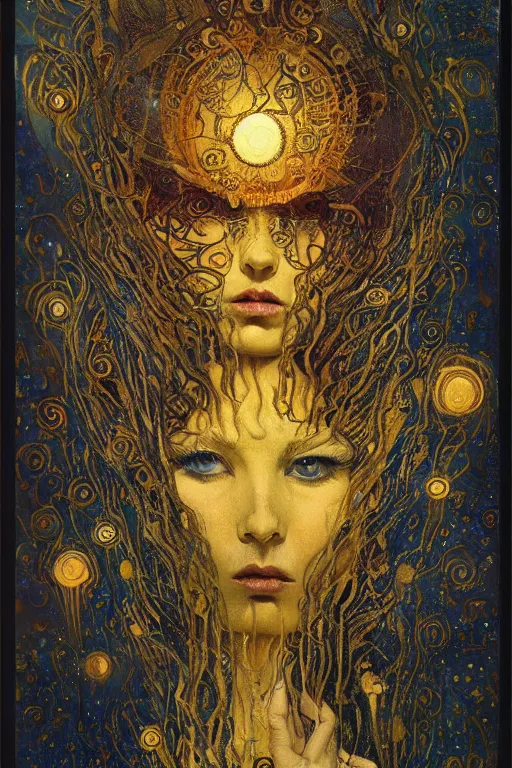 Image similar to The Lost Souvenir by Karol Bak, Jean Deville, Gustav Klimt, and Vincent Van Gogh, mystic eye, otherworldly, vintage well-worn postcard, lightning, fractal structures, arcane, inferno, inscribed runes, infernal relics, ornate gilded medieval icon, third eye, spirals