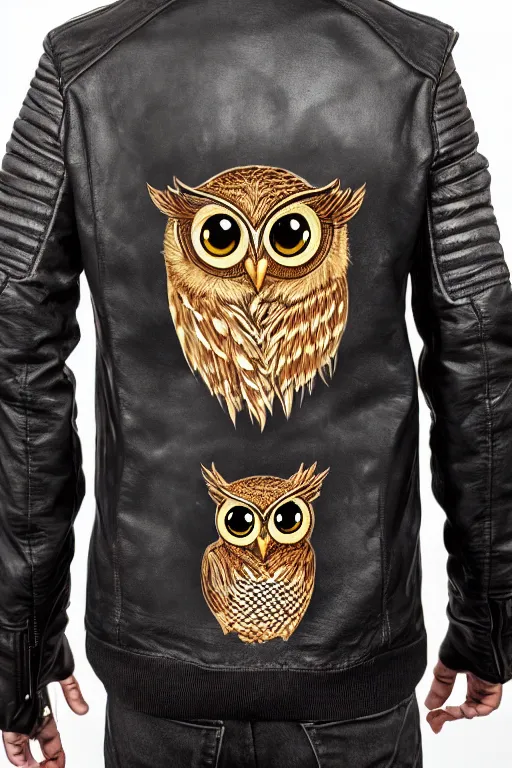Image similar to owl wearing biker gang jacket with label which says hoo - ligan, portrait photo, full body, backlit, studio photo, golden ratio
