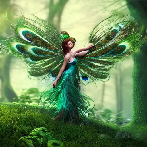 Prompt: peacock fairy in a lush green forest, cinematic lights, octane render, trending on artstation