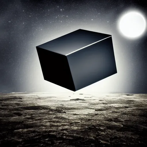 Image similar to a scratched dull metal cube floating above a dark alien moonscape, moody, atmospheric, epic, cinematic