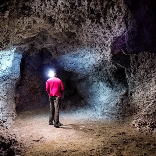 Prompt: a man going through a cave fulled with magical jewel