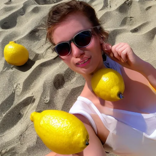 Prompt: 2 lemons at the beach wearing sunglasses