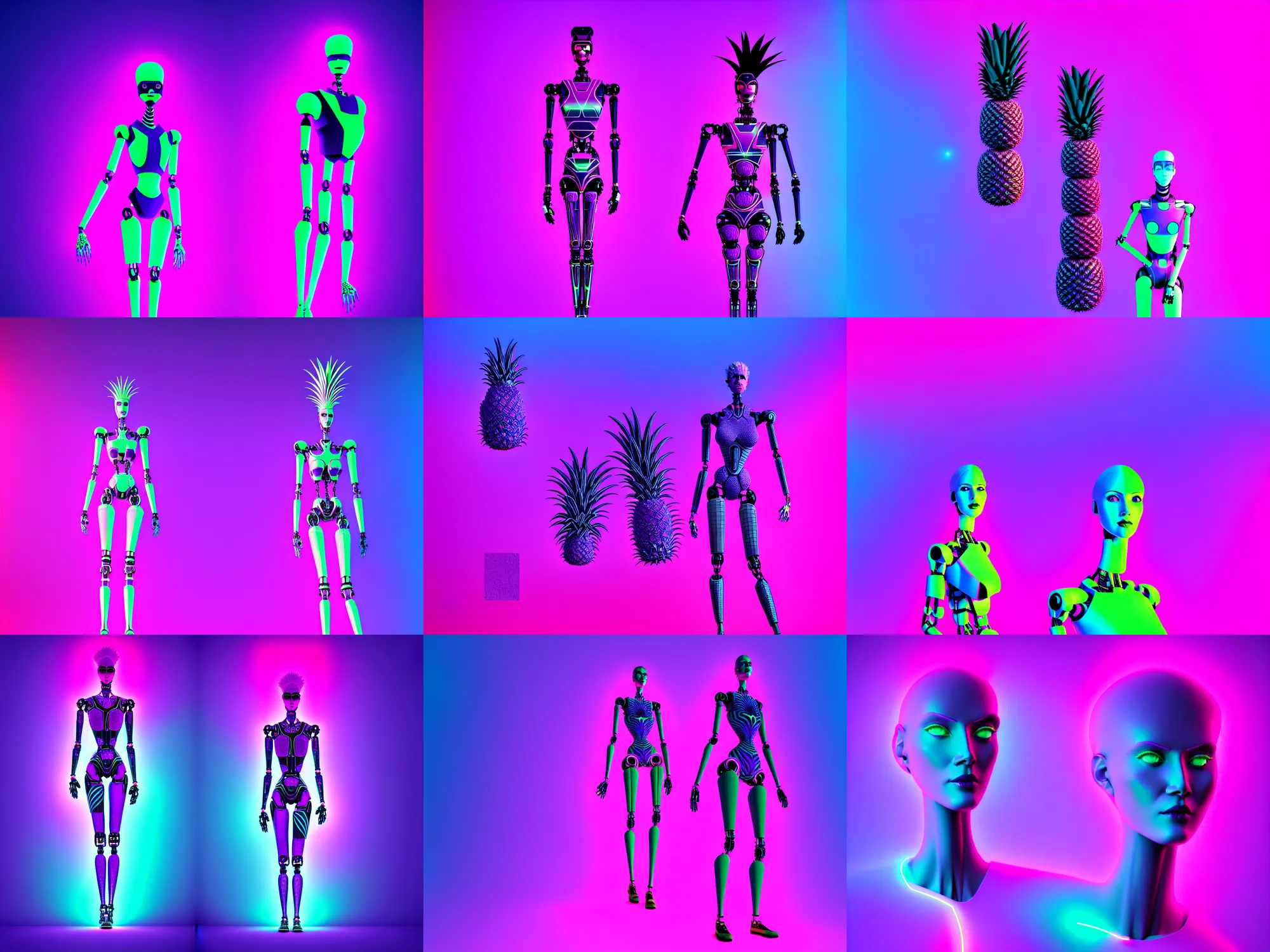 Prompt: beautiful tall female robot printed with purple and black 3 d geometrical neon facing a doorway opening with neon pink geometric fractal light + a portal to a vaporwave world, flowering pineapples, transcendent, clean linework, dramatic, vibrant colors, finely detailed, 4 k, trending on artstation, photorealistic, award winning, volumetric lighting, octane render