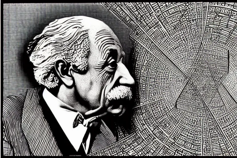 Prompt: an engraved portrait of albert einstein surrounded by intricate equations of theory of relativity, detailed!!! duotone engraving in the style of a postage stamp, freemason symbol, fine!!! lines, engraved by m. c. escher