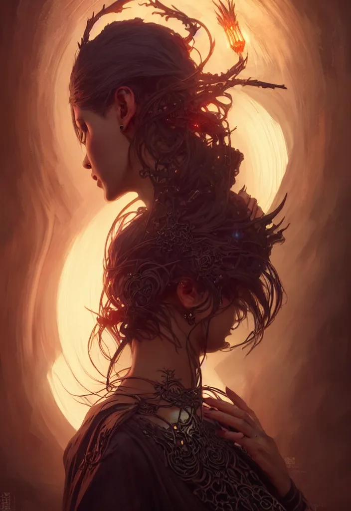 Image similar to Necromancer Sorceress, fantasy magic, undercut hairstyle, dark light night, intricate, elegant, sharp focus, illustration, highly detailed, digital painting, concept art, matte, art by WLOP and Artgerm and Greg Rutkowski and Alphonse Mucha, masterpiece