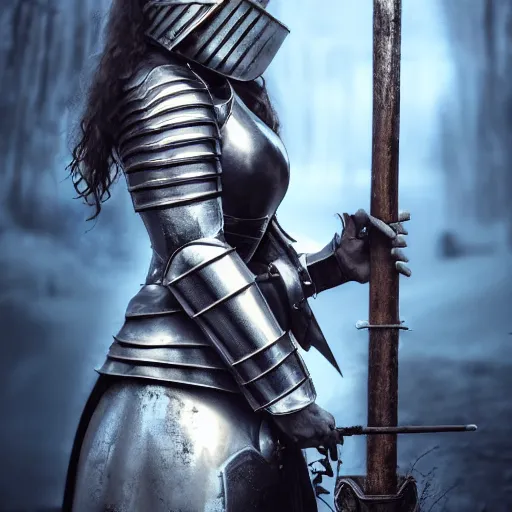 Prompt: a beautiful girl medieval knight in armor full view cinematic, high octane, 4 k