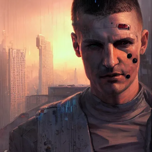 Image similar to cyberpunk, armitage, closeup portrait of an ex soldier with one artificial eye, brown buzzcut, dramatic light, city background, sunset, dystopian setting, high contrast, sharp, neuromancer, painted by stanley lau, painted by greg rutkowski, painted by stanley artgerm, digital art, trending on artstation