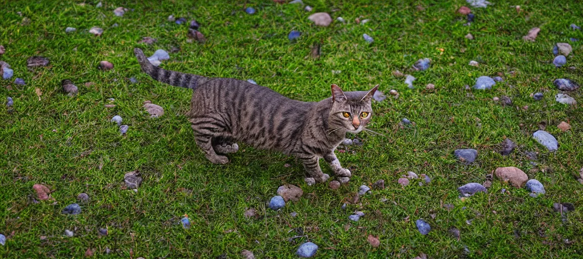 Prompt: a singular cat walking through some rain puddles on the grass and some little rocks at sunset, cute, godrays, complementary colors, calm, relaxing, beautiful landscape, highly detailed, high quality, 4k HDR, natural lighting, close view, path tracing, orange palette, anatomically correct, hyperrealistic, low contrast