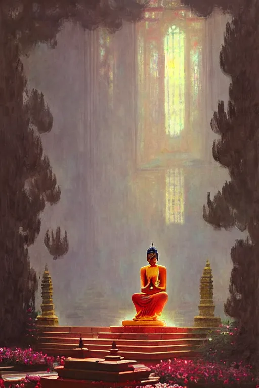 Image similar to temple, buddhism, impressionnisme, painting by greg rutkowski, artgerm, claude monet