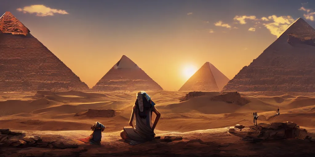 Image similar to a stunning egyptian landscape with pyramids by makoto shinkai