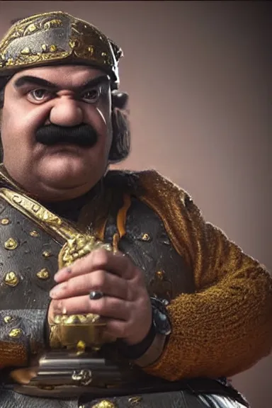 Image similar to very very intricate photorealistic photo of wario in an episode of game of thrones, photo is in focus with detailed atmospheric lighting, award - winning details