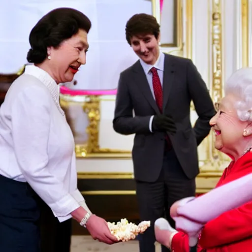 Image similar to photo of the Queen of England body slamming Xi Jinping while Justin Trudeau eats popcorn,