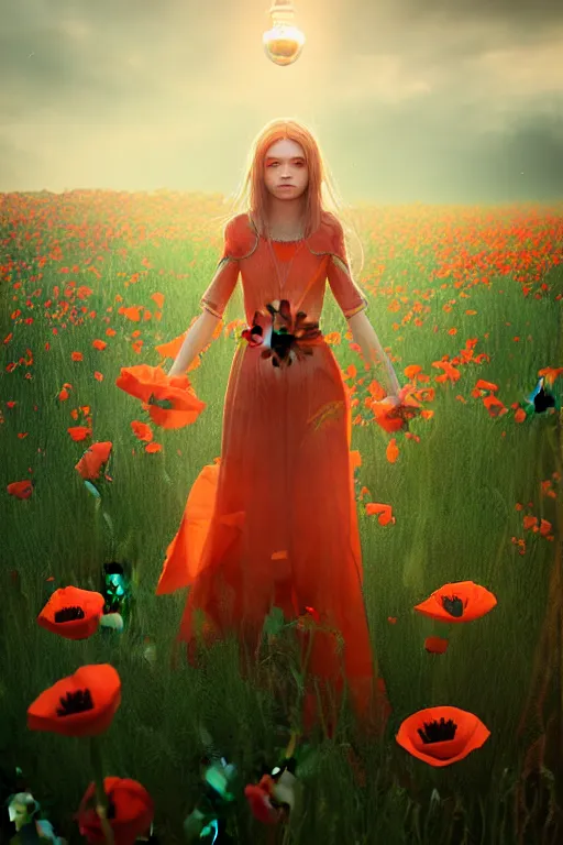 Image similar to epic Beautiful art portrait of a light elemental girl in a poppy' field , atmospheric lighting, intricate detail, cgsociety, hyperrealistic, octane render, RPG portrait, ambient light, dynamic lighting