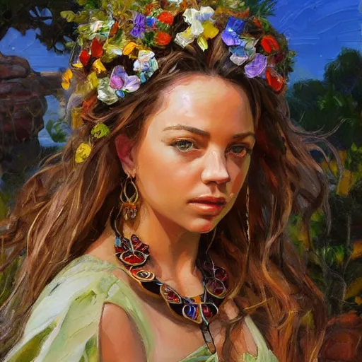 Prompt: sydney sweeney with wooden jewelry, mediterranean features, fantasy character portrait by Michael Garmash, Donato Giancola