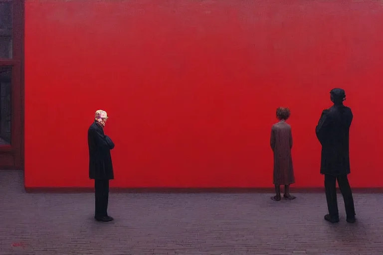 Image similar to only with red, a red old stylish man try to sell a portrait, crowd cheering, in a city square, in the style of beksinski, parts by edward hopper, parts by rodcenko, parts by yue minjun, intricate and epic composition, red by caravaggio, insanely quality, highly detailed, masterpiece, red light, artstation, 4 k